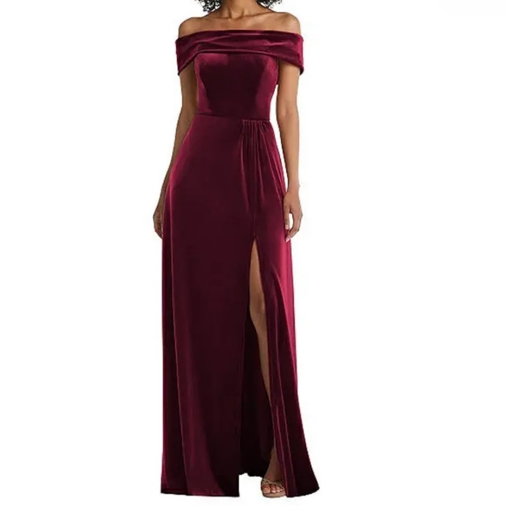 Women’s new After Six 1554 Cabernet red velvet off shoulder long gown dress sz 0